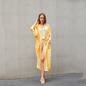 Q109027 Plus Size abito da spiaggia lungo Tie Dye Kimono anteriore aperto a maniche lunghe tessuto con tutto il <span class=keywords><strong>pizzo</strong></span> copricostumi da spiaggia - Product Image 4