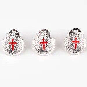 24*24 mm Red Crucifix Debossed Shell Shaped Brooches Plated in Gold & Silver Color