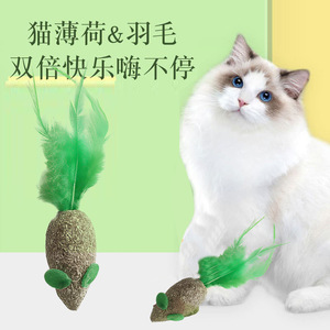 Jouet interactif pour chat en forme de souris verte avec plumes et herbe à chat, pour la mastication et le jeu, petit modèle - Product Image 1