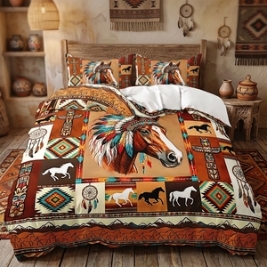 Parure de lit Bohème Sud-ouest à motif cheval, Housse de couette ethnique aztèque géométrique patchwork pour décoration de chambre Western - Product Image 1
