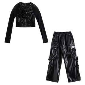 Tenues de scène de jazz pour filles, fermeture éclair, polyester, haut à manches longues et short skinny taille haute, ensemble deux pièces - Product Image 2