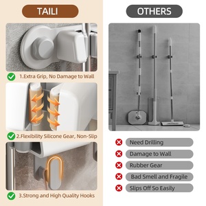 Étagères de Rangement Murales Sans Perçage, Support Mural pour Balai et Serpillère, Organisateur d'Outils avec Crochets Multiples - Product Image 5