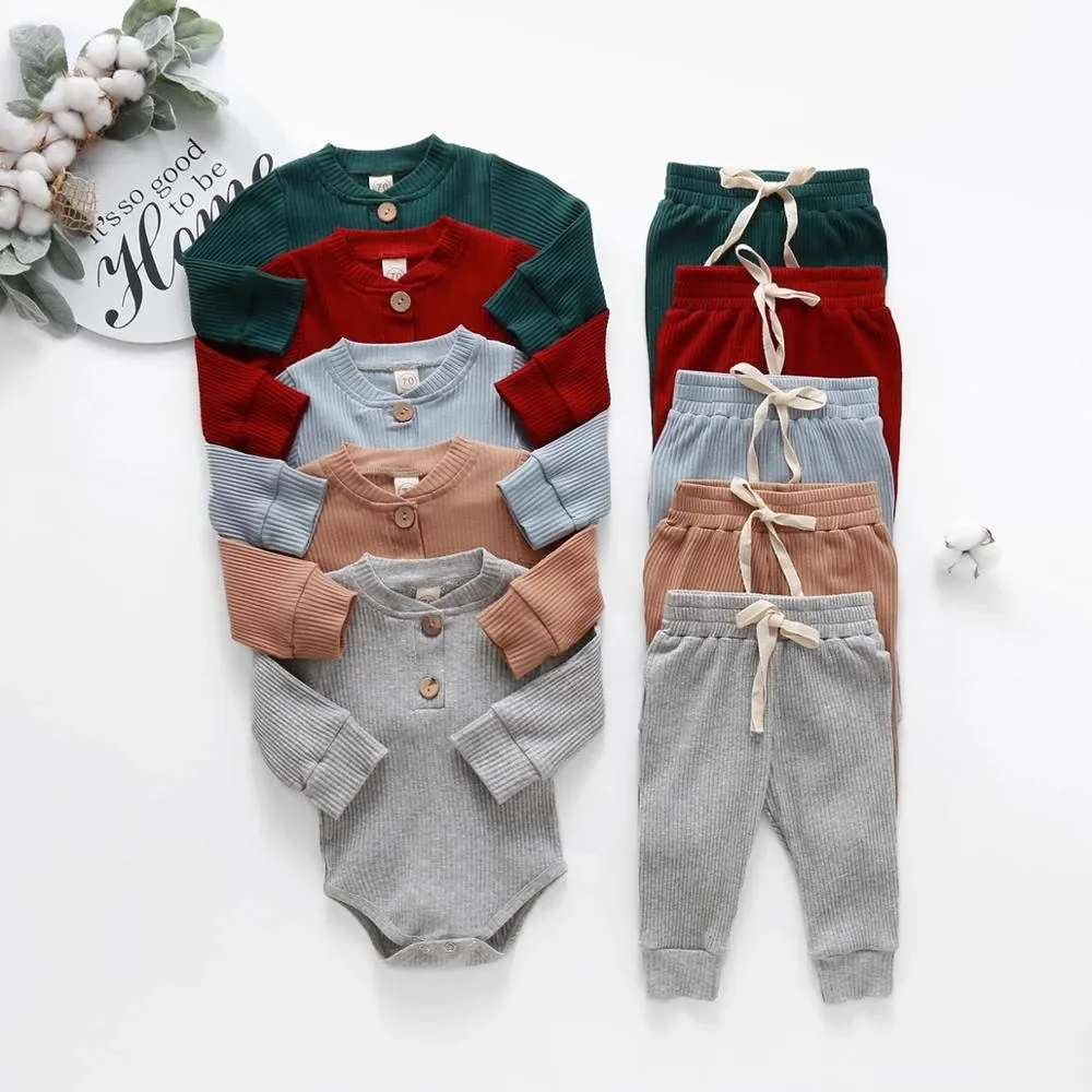 Ribbed/Plaid Solid Clothes Sets Kids Baby Girl Boy Long Sleeve Romper Pants Autumn Winter Baby Clothes Outfits Sets 0-24M