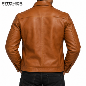 Veste en cuir marron pour homme, fermeture éclair, style décontracté, avec poche poitrine, vente en gros - Product Image 4