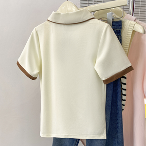 Polo de Punto Crema para Mujer, Manga Corta, Color Sólido, Transpirable, Largo Regular - Product Image 5
