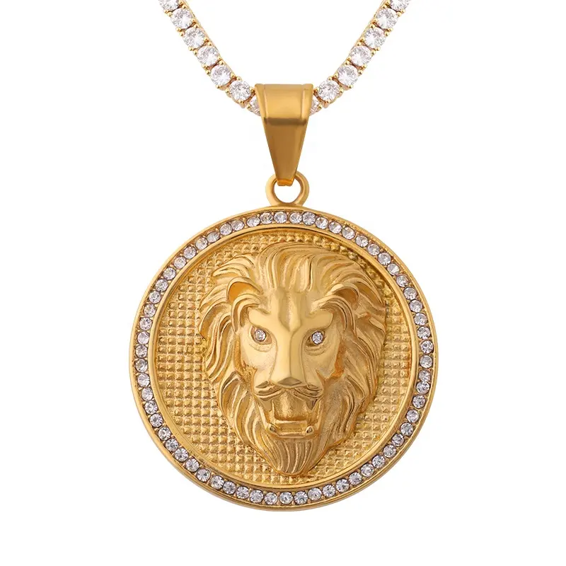 Custom LOGO Men Hip Hop Chain Necklace Jewelry Gold Plated Zircon Around Stainless Steel Lion Head Pendant Necklace