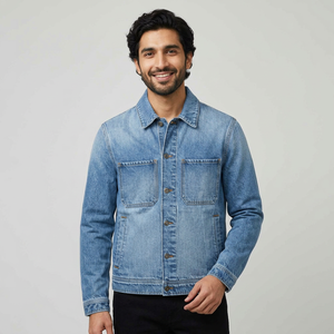 Light blue denim <b>jacket</b> for men casual button front outerwear seamless gym fitness <b>workout</b> custom breathable streetwear coat - Product Image 1
