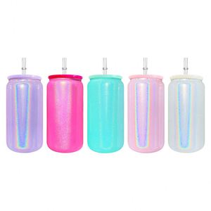 Vaso de Vidrio Brillante de 16 oz con Purpurina Arcoíris para Sublimación, con Tapa de PP y Pajitas para Refrescos, Cerveza, Café Helado - Product Image 1