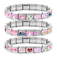Accessoires de bracelet à breloques italiennes tendance en acier inoxydable avec de jolis éléments chat, papillon et fleur dans des tons roses