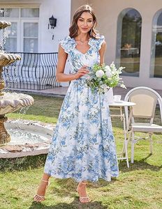 Robe d'été à imprimé floral <span class=keywords><strong>pour</strong></span> femmes - Style plissé sans manches en forme <span class=keywords><strong>de</strong></span> A, <span class=keywords><strong>tenue</strong></span> décontractée et fluide <span class=keywords><strong>pour</strong></span> invitées <span class=keywords><strong>de</strong></span> <span class=keywords><strong>mariage</strong></span> - Product Image 2