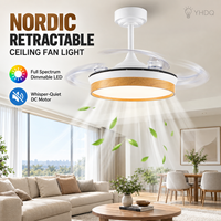 Ventilateur de plafond rétractable avec lumière, design nordique en bois, lustre invisible, 6 vitesses, 3 couleurs réglables, pour chambre à coucher et salon