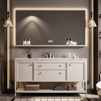 Meuble-lavabo autoportant de luxe marron café avec poignée dorée et miroir LED, armoire sur pied pour hôtel et villa - Vente en gros