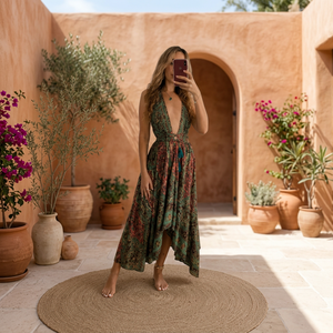 Robe longue 100 % coton de qualité supérieure à imprimé floral, coupe trapèze sans manches, style vacances d'été, respirante, froncée, ourlet asymétrique - Product Image 3