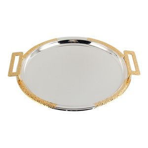 Plateau décoratif en métal poli miroir bicolore or et argent antique pour table basse de salon - Product Image 3