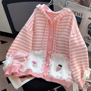 Loose Hooded Striped Cardigan Sweater For Women Pink <b>White</b> <b>Lace</b> Candy Color Autumn Winter Knitwear - Product Image 1