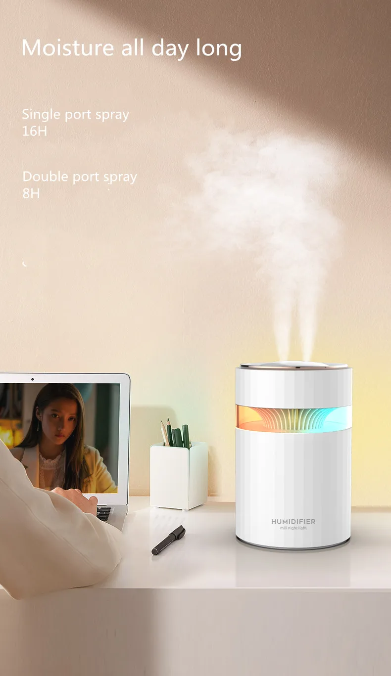 2 in 1 two heavy fog 900ml USB table bedroom color lamp 1.1l diffuser with light large mist humidifier