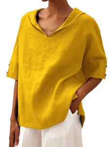 Camiseta holgada con capucha de algodón y lino de color liso para mujeres europeas y americanas - Product Image 6