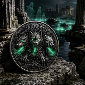 Moneda Conmemorativa de Cerberus en Relieve 3D Personalizada, Plata Fina .999, Esmalte Verde, Moneda del Guardián del Submundo para Regalo de Lujo - Product Image 3