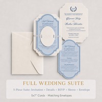 Invitation de mariage de luxe bleu poussière, carton de coton 600 g/m², gaufrage à sec, forme personnalisée, impression typographique, suite de cartes de mariage élégante