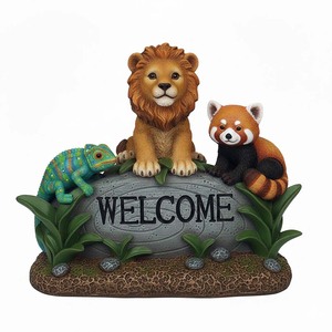 Statua da Giardino con Cartello di Benvenuto per Animali |   Statuetta in Resina di <span class=keywords><strong>Leone</strong></span>, Panda Rosso e Camaleonte per Decorazioni da Esterno |   Ornamento da Giardino Impermeabile - Product Image 2