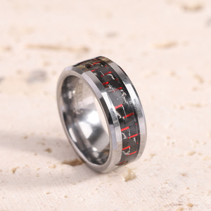 Men's 8mm Carbon Fiber <b>Tungsten</b> Steel Ring Geometric Design Red Inlay Fashion Jewelry Gift - Product Image 2