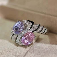 Vente directe, bague de luxe pour femme, style rétro français, avec deux pierres en diamant rose et violet, bijou coloré de luxe léger