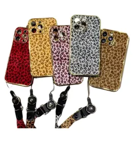 New Luxury Leopard Print Leather Phone Case with Rope for iPhone 15 14 13 Pro max Leather+TPU Phone Case