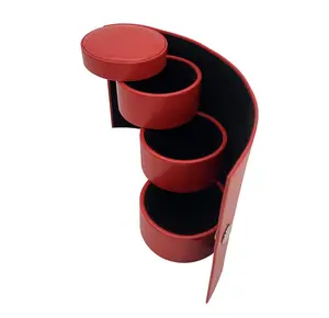 Cylinder Red Leather Ring Necklace Earring Jewelry Storage Box Luxury Travel Roll Jewelry Box