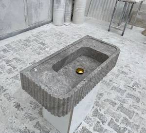 Lavabo Flotante de Mármol Gris Acanalado, Resistente |   Lavabo Escultural Integrado de Piedra |   Baño Moderno de Lujo Ecológico - Product Image 6