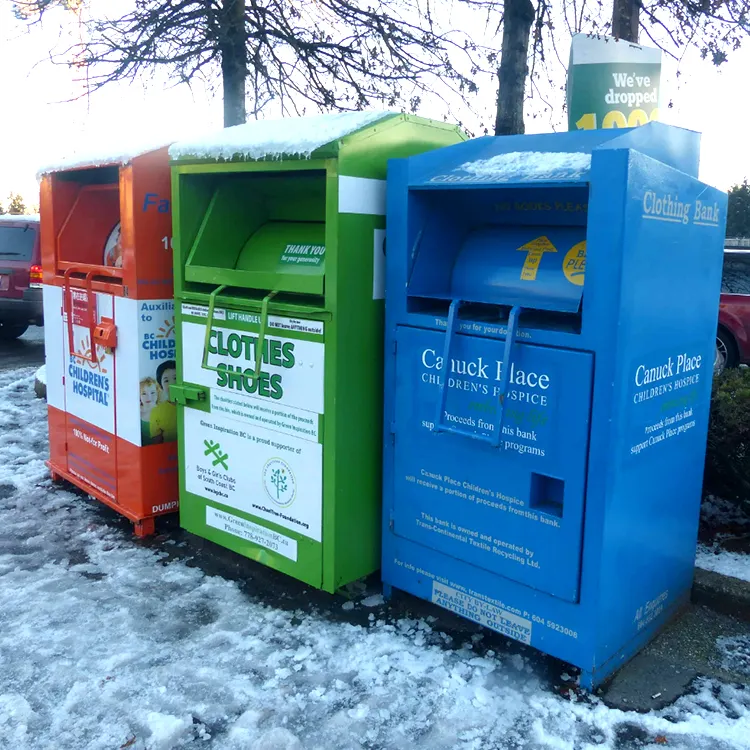 Outdoor park Street pakaian kotak eksplorasi wadah daur ulang Tong metal bin donat pakaian Drop kotak produsen