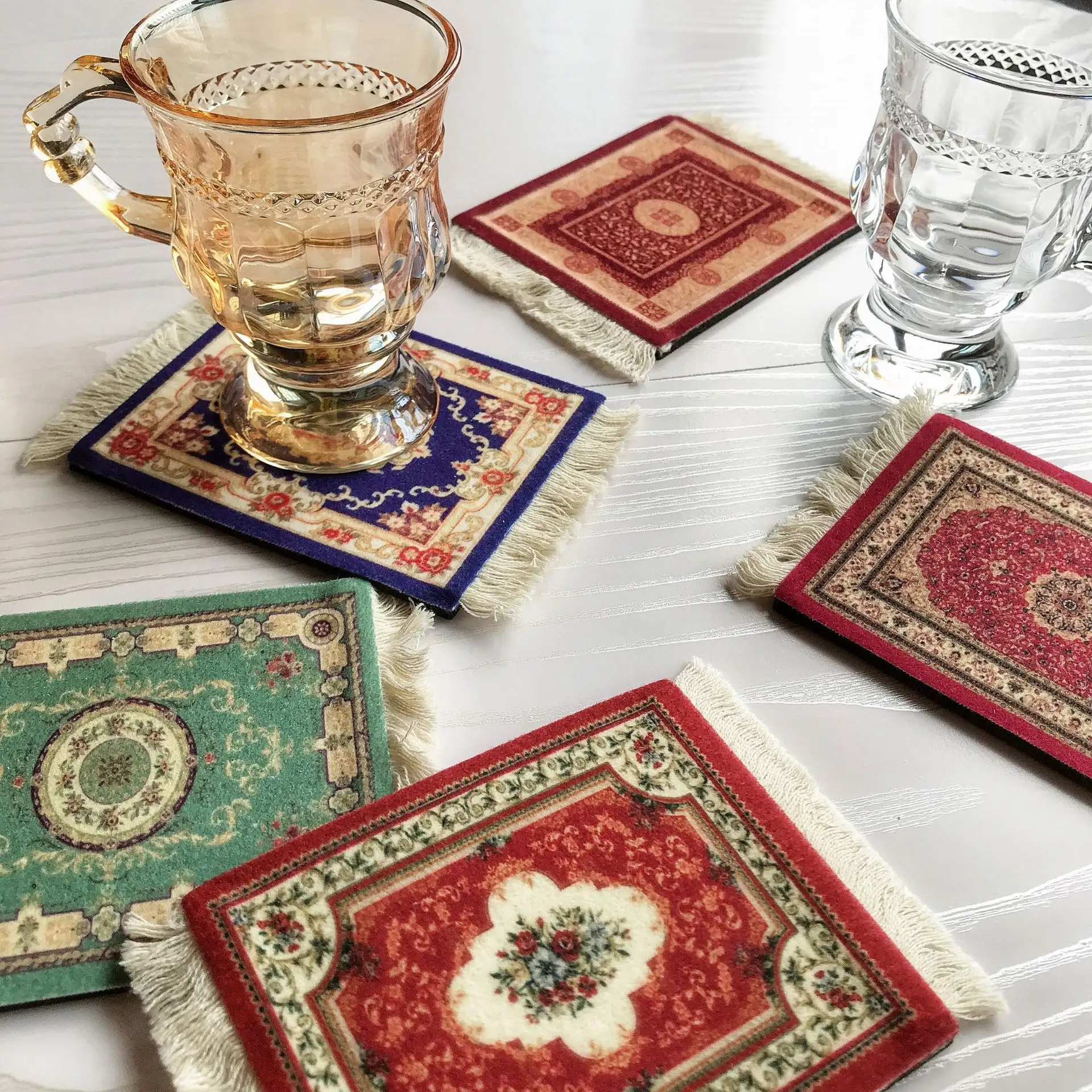 Posavasos Vintage con borlas, almohadilla aislante persa, minialfombra tejida, precio de fábrica
