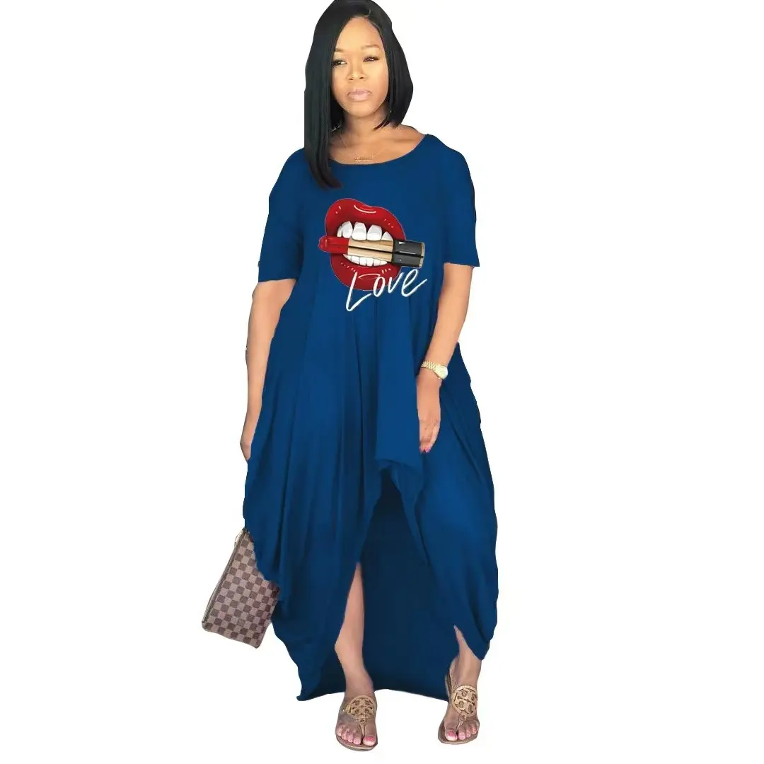 Hot Sale O Neck Pocket 2022 Summer Solid Color Slim Printing Dress Plus size T shirt Dress Women