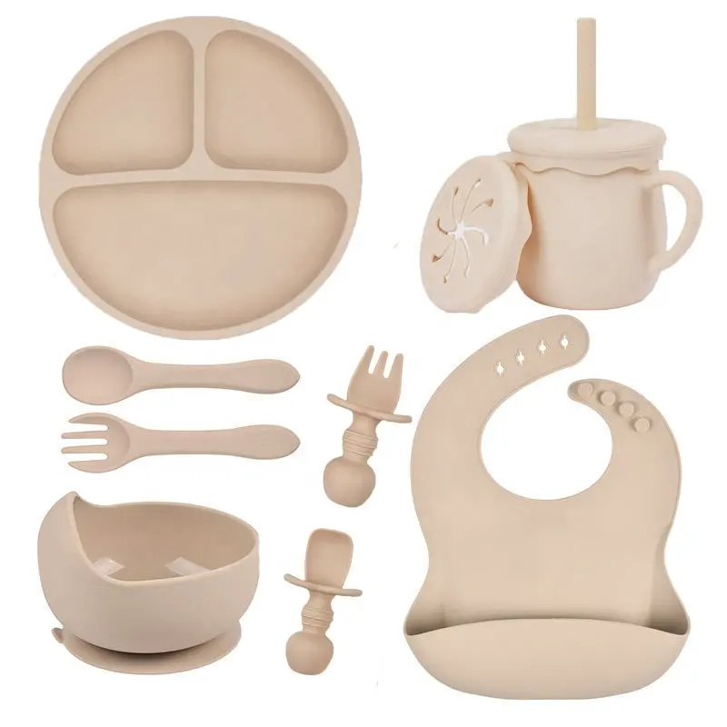 Conjunto de utensílios de mesa de silicone para crianças, utensílios de jantar de qualidade alimentar, conjunto de colher e garfo para bebês, placa de sucção e colher