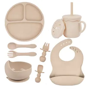 Per uso alimentare in silicone per bambini e bambini stoviglie per bambini cibo per l'alimentazione di aspirazione per bambini bavaglino ciotola cucchiaio forchetta set