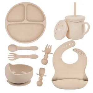 Food Grade Silicone Toddler Children Tableware Kids Dinnerware Food Feeding Suction Baby Bib Plate Bowl Spoon Fork Set