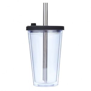 16oz <b>Double</b> <b>Wall</b> Plastic Tumbler Portable Reusable Drinking Cup With Universal Boba Lid and Stainless Steel Straw for Milk Tea - Product Image 5