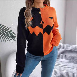 <strong>Women's</strong> Thin Crocheted Pullover with Custom LOGO <strong>Halloween</strong> Jacquard Patchwork Pattern Casual Winter Crew Neck <strong>Jumper</strong> - Product Image 4