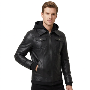 Chaqueta de Motociclista de Cuero Vacuno Genuino para Hombre, con Capucha Desmontable, Cierre de Cremallera, Color Negro Sólido, Estilo Otoñal, Corte Regular - Product Image 1