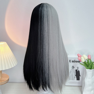 <span class=keywords><strong>Parrucca</strong></span> realizzata a macchina per ragazze, capelli lunghi e lisci, bicolore nero e bianco, frangia sottile, colore sfumato, copricapo Lolita Yin Yang - Product Image 5