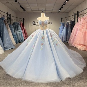 6938 Sky Blue Off Shoulder Tulle Gown Pearl Beaded Bodice Layered Tulle Skirt Ready For Ceremony - Product Image 1