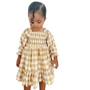 Anpassung Prinzessin Kinder kleider Australien UK US Long Puff Sleeve Smocking Kleid Mädchen Plaid Kinder Kleid