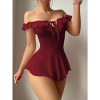 Pyjama Yicheng pour femme, séduisant et sexy, en dentelle brodée, tenue de boudoir transparente en maille, rouge, à bretelles, style « Virgin Killer », manches longues