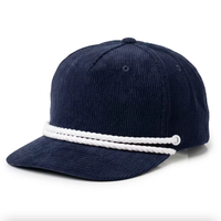 Gorra de Béisbol Premium al por Mayor, Personalizada con Bordado, de Pana Vintage, de 5 Paneles, Sin Estructura, con Cierre a Presión Plano, con Doble Ribete Blanco, Estilo Deportivo