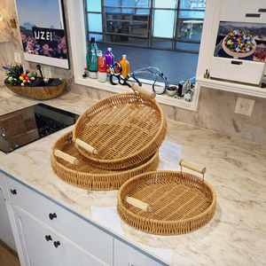 Cesta redonda clásica de ratán PP tejida a mano con acabado lacado, bandeja de cocina de 22x4cm para almacenamiento y exhibición de <span class=keywords><strong>vajilla</strong></span> y alimentos, 1 unidad - Product Image 2