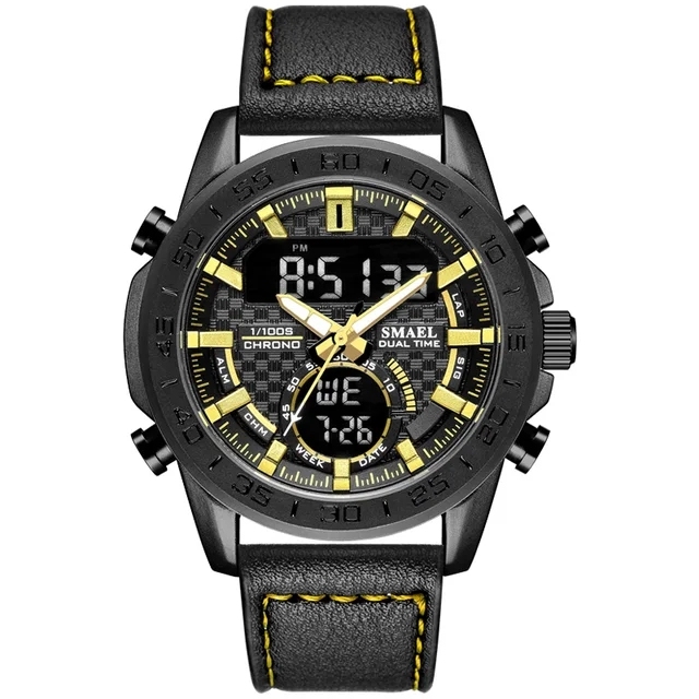 Smael 1407 Multi-function Men Sport Watches Dual Time Analog Led Clock Waterproof Genuine Leather Quartz Analog Digital Watch