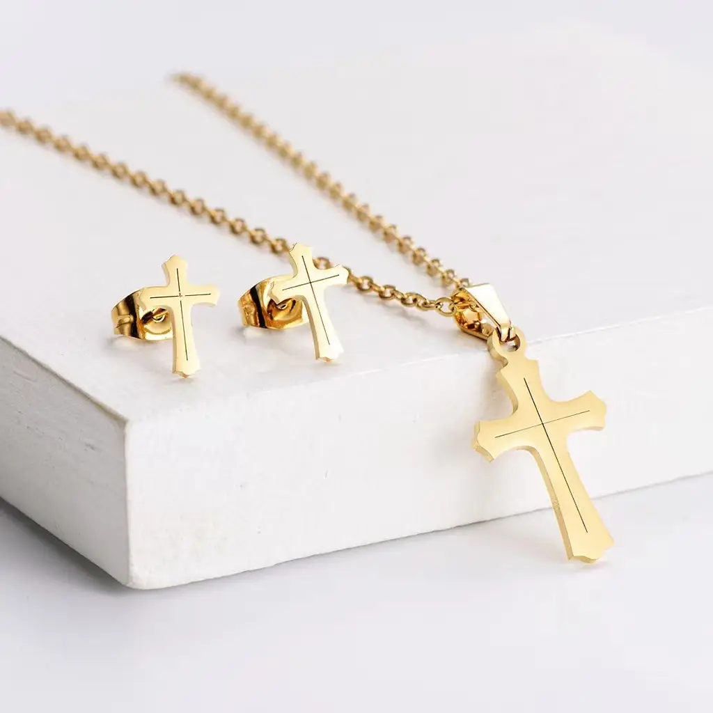 Wholesale Fashion Women Jewelry Sets 18K Gold Plated Love Cross Sun Earring Necklace Stainless Steel Jewelry Set