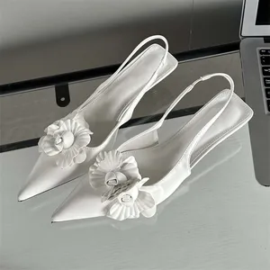 Aneikeh Sweet Slip-On PU Party Solid Slingback Women Shoes Pointed Toe Shallow Flower Shoes Pleated Spring/Autumn 2024 Fashion