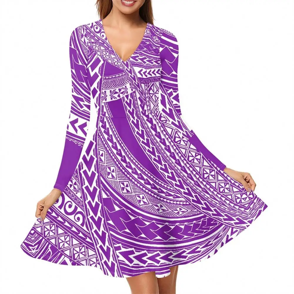Herbst Freizeit kleider Polynesian Tribal Purple Tiare Blumen druck Benutzer definierte Plus Size Damen kleider Neueste Kleid Designs Bilder