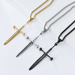 European Knights Double-Edged Cross Sword Necklace for Men - Vintage Style, Self-Defense Long Sword, Cross Pendant, Sweater Chai - Product Image 2