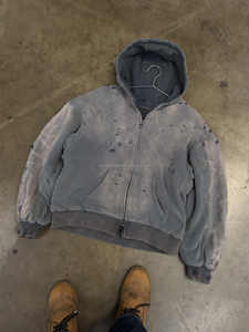 Sudadera con capucha térmica para hombre, estilo vintage, de algodón grueso y pesado, tejido gofrado, con efecto desgastado por el sol, corte holgado, doble capa, con cremallera. - Product Image 3